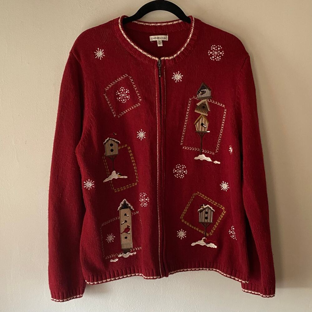 Y2K Grandma Full Zip Knit Cardigan Sweater SZ‎ XL Embroidered Birdhouse Cottage